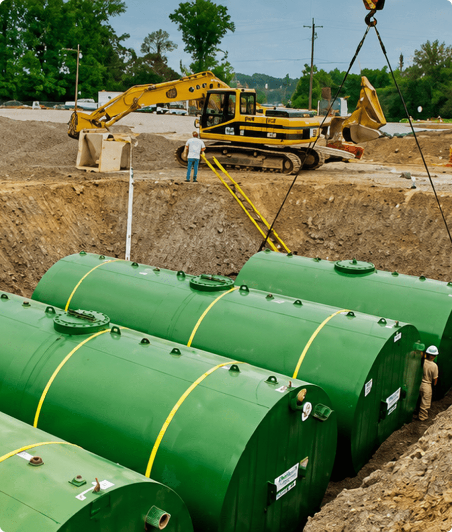 Construction site with large green fuel tanks.