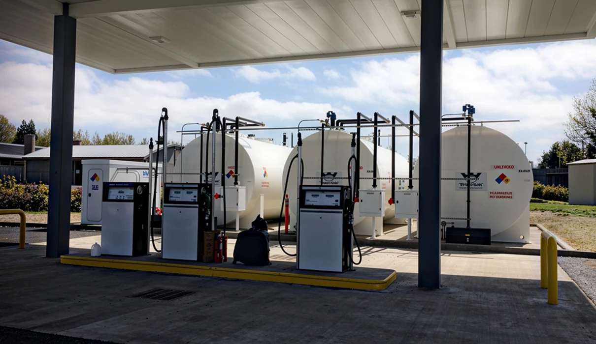 Gas station with fuel storage tanks.