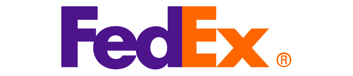 FedEx logo in purple and orange.